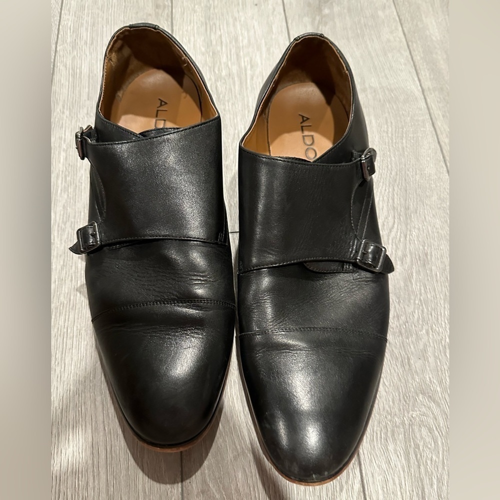 Size12 Aldo Double Monk Buckle Strap Leather Black Plain Round Dress Shoes